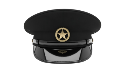 Black peaked cap PNG isolated on transparent background, police officer hat with golden star badge for uniform and authority