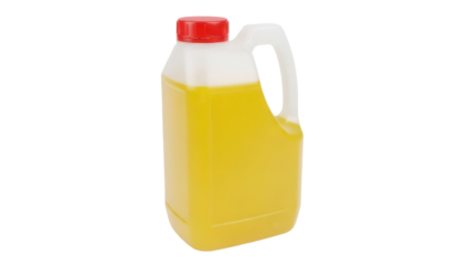 Plastic container with yellow liquid isolated PNG, red cap and handle on transparent background, cleaning product or juice for commercial use