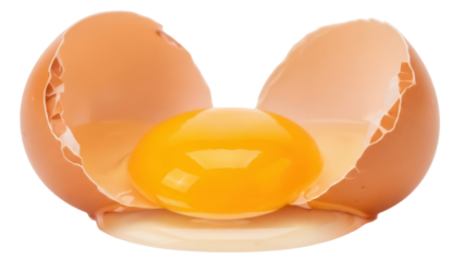 Cracked egg with yolk isolated PNG on transparent background, broken shell halves with yellow center for cooking and baking