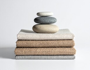 Stacked stones atop folded neutral textured fabrics