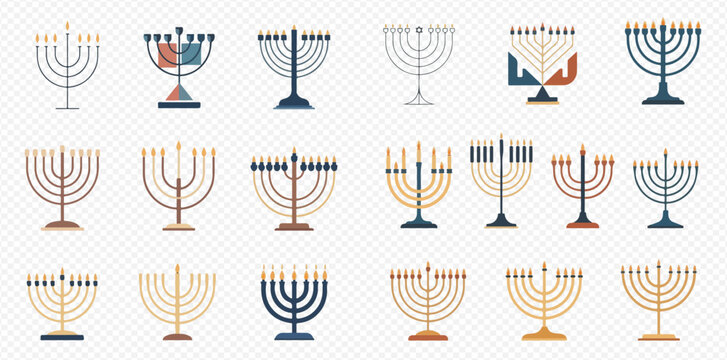 Collection of various Hanukkah menorah designs with lit candles, celebrating the Jewish festival of lights.