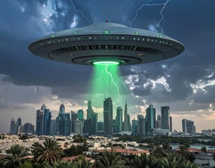 UFO hovers, beam on city. Thunder rages above