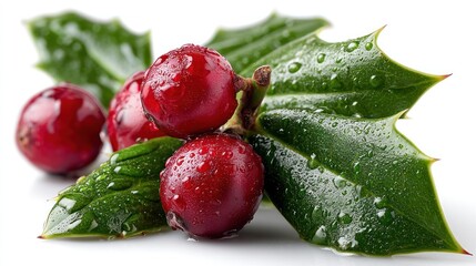 Close-up of vibrant red berries clustered amongst glossy, fresh green holly leaves, glistening with water droplets against a plain white background.