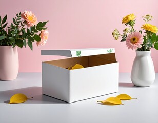 Open box amid flower bouquets, pink background, & fallen leaves