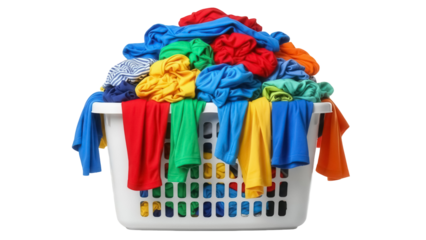 Laundry basket full of colorful clothes isolated PNG, household chore and textile concept on transparent background