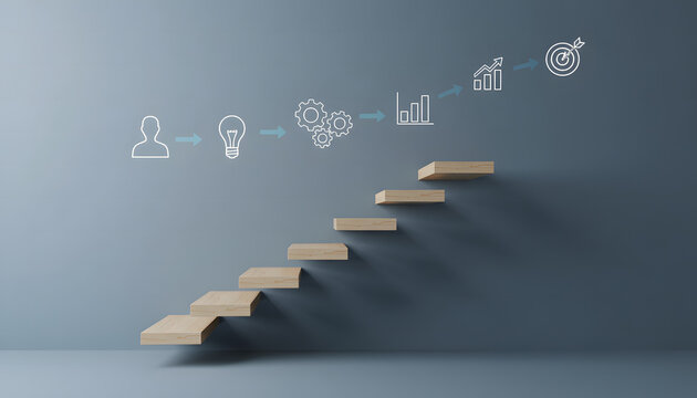 Conceptualization of a business growth strategy from idea to successful execution depicted by a staircase infographic