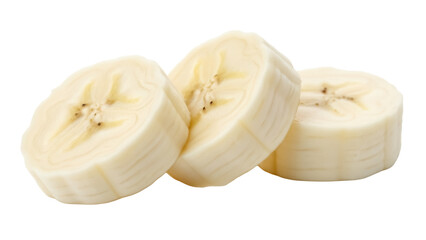 Three banana slices isolated PNG on transparent background, fresh fruit pieces for healthy eating...