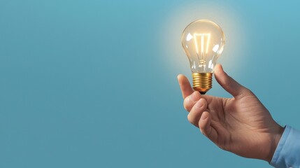 Hand Holding Light Bulb with Soft Blue Background and Glow Effect