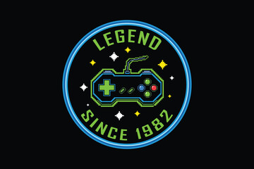 Retro gaming logo with controller and legend text since 1982