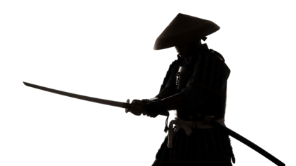 Silhouette of a samurai warrior with katana isolated PNG, traditional Japanese warrior in armor with sword on transparent background