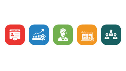 Set of five colorful icons representing business concepts and services.