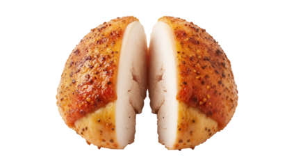 Juicy roasted chicken breast cut in half isolated PNG, delicious poultry meat for healthy eating and gourmet food preparation