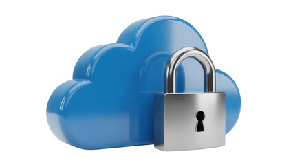 Blue cloud and silver padlock isolated PNG, cloud computing security concept for data protection and privacy on transparent background
