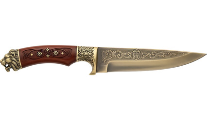 Ornate hunting knife PNG isolated on transparent background, decorative blade with lion head handle...