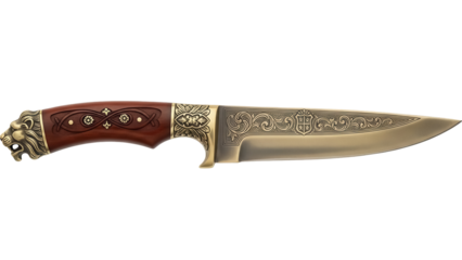 Ornate hunting knife PNG isolated on transparent background, decorative blade with lion head handle for weapon enthusiasts and collectors