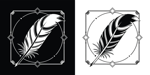 Art deco feather design with intricate details and geometric frame, isolated on white background, capturing the elegance and sophistication of the era