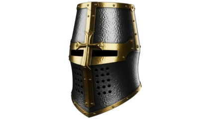 Medieval knight helmet PNG isolated on transparent background, crusader armor head protection for historical reenactment and fantasy concepts
