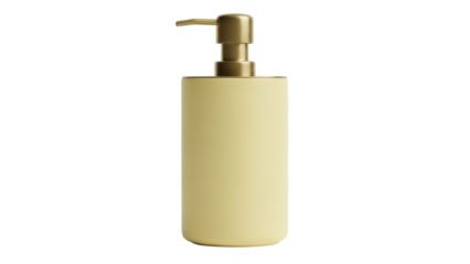Elegant yellow soap dispenser isolated PNG, modern bathroom accessory for hand hygiene and home decor on transparent background