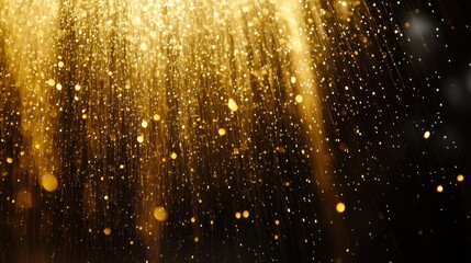 Golden glitter falling on black background, celebratory event backdrop