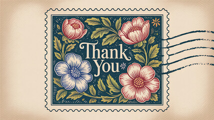 A vintage style postage stamp featuring colorful floral designs and a heartfelt thank you message