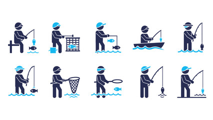 Set of Fishing Icons Representing Various Activities.