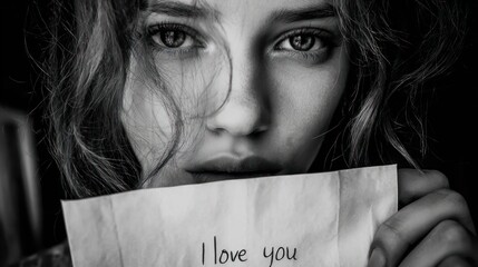 Emotional Close-up of Woman Holding 'I Love You' Note