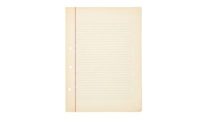 Lined notebook paper isolated PNG on transparent background, loose leaf sheet with holes for school or office supplies