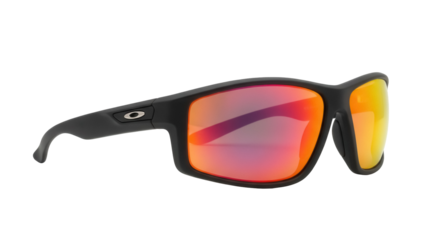 Sporty black sunglasses with red and yellow lenses isolated PNG, modern eyewear for outdoor activities and sun protection