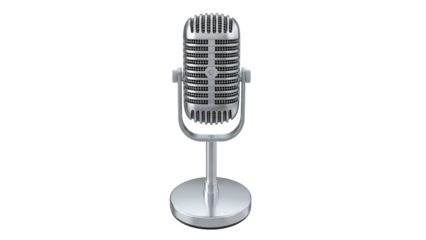 Vintage silver microphone isolated PNG, retro recording equipment for music production and broadcasting on transparent background