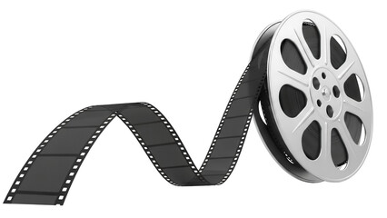 Film reel with film strip isolated PNG, movie industry equipment for cinema and entertainment on transparent background