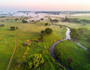 Verdant meadow with river winding through morning mist