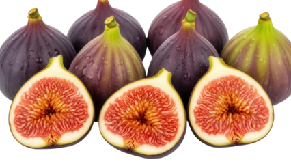 Fresh figs PNG isolated on transparent background, ripe and cut open showing the juicy red flesh, healthy fruit for food design