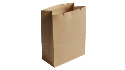 Open brown paper bag isolated PNG, empty grocery sack for shopping and packaging on transparent background