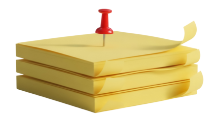 Stack of yellow sticky notes with red push pin isolated PNG, office supplies for reminders and organization on transparent background