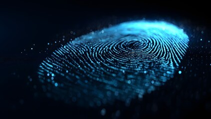 Close up macro view of a glowing blue fingerprint pattern revealing unique ridge details on a dark background symbolizing identity and security concepts