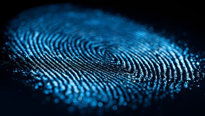 Close up macro view of a glowing blue fingerprint pattern on a dark background representing identity and security concepts