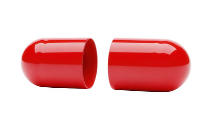 Open red capsule pill isolated PNG, medicine halves on transparent background for pharmaceutical and healthcare concepts