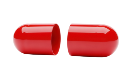 Open red capsule pill isolated PNG, medicine halves on transparent background for pharmaceutical and healthcare concepts