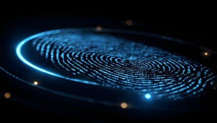Abstract digital fingerprint glowing with vibrant blue light and futuristic technology elements on a dark background representing identity and security concepts