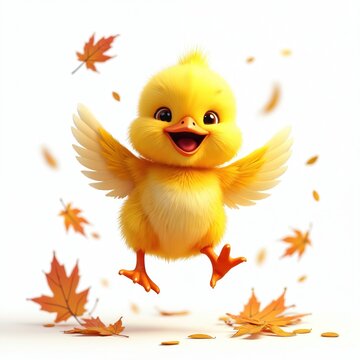 Cheerful yellow chick jumps joyfully with flapping wings surrounded by falling leaves. This adorable 3D render captures of happiness and playfulness and its bright colours are eye catching.