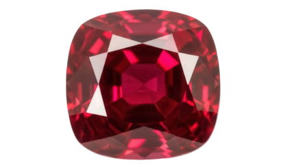 Cushion cut red spinel gemstone isolated PNG on transparent background, beautiful natural crystal for jewelry design and luxury concepts
