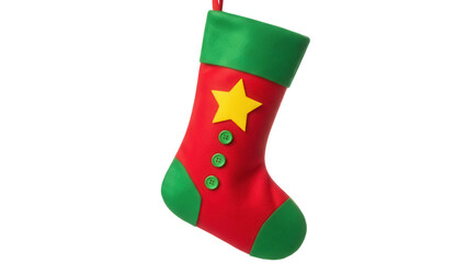 Festive red Christmas stocking with green trim and yellow star isolated PNG, holiday decoration for seasonal greetings and gift giving © LUXSTORY