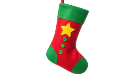 Festive red Christmas stocking with green trim and yellow star isolated PNG, holiday decoration for seasonal greetings and gift giving
