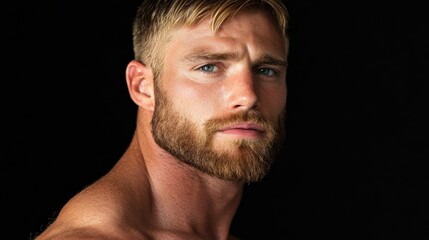 Fototapeta premium Handsome Man with Beard and Piercing Blue Eyes on Black Background