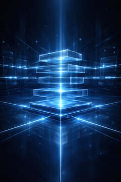 Futuristic blue data platform with glowing lines and geometric shapes creates a visually dynamic and high-tech abstract composition.