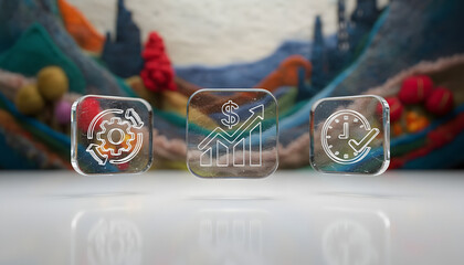 3D Icons representing business growth, continuous improvement, and task completion, set against a soft, textured background
