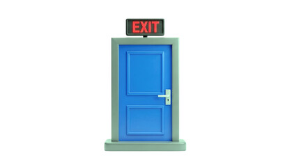 3D Blue door with illuminated exit sign on transparent background