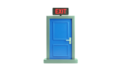 3D Blue door with illuminated exit sign on transparent background