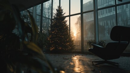 A Christmas tree adorned with warm lights stands in an abandoned, sunlit conservatory.