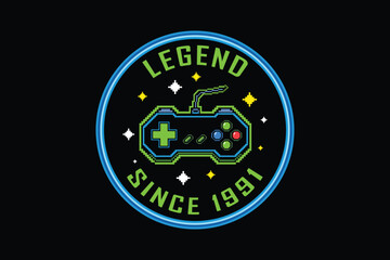 Retro gaming badge with controller and starry background